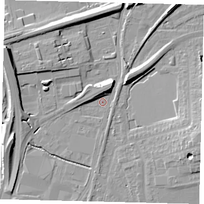 Shaded relief map of the ground around KT34PR, computed from Environment Agency LiDAR. The ground here sits at about 14 m above sea level and falls 14 m across the surrounding 800 m. Surface water reaching this point runs off ground lying to the west-north-west, 11.6 m higher.