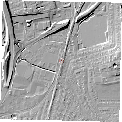 Shaded relief map of the ground around KT34PS, computed from Environment Agency LiDAR. The ground here sits at about 15 m above sea level and falls 14 m across the surrounding 800 m. Surface water reaching this point runs off ground lying to the east, 9.7 m higher.