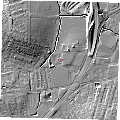 Shaded relief map of the ground around KT34PT, computed from Environment Agency LiDAR. The ground here sits at about 14 m above sea level and falls 14 m across the surrounding 800 m. Surface water reaching this point runs off ground lying to the north-east, 9.3 m higher.