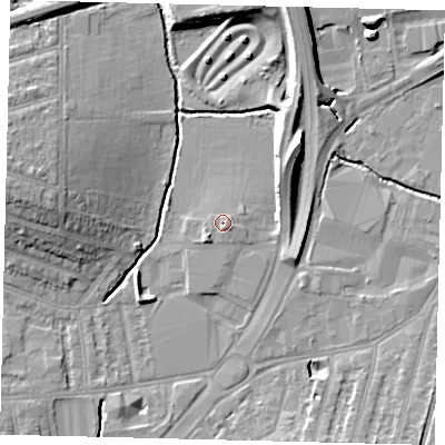 Shaded relief map of the ground around KT34PU, computed from Environment Agency LiDAR. The ground here sits at about 15 m above sea level and falls 14 m across the surrounding 800 m. Surface water reaching this point runs off ground lying to the south-west, 1.3 m higher.