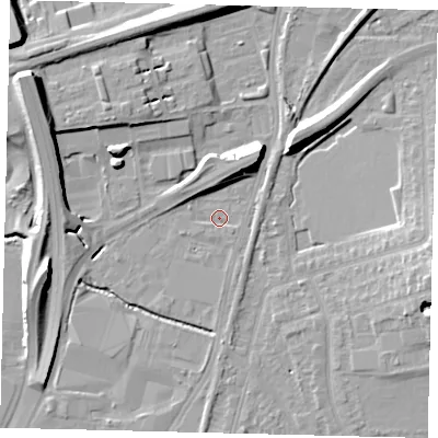 Shaded relief map of the ground around KT34PW, computed from Environment Agency LiDAR. The ground here sits at about 14 m above sea level and falls 15 m across the surrounding 800 m. Surface water reaching this point runs off ground lying to the south-west, 1.0 m higher.