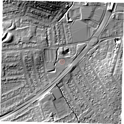 Shaded relief map of the ground around KT34RP, computed from Environment Agency LiDAR. The ground here sits at about 15 m above sea level and falls 10 m across the surrounding 800 m. Surface water reaching this point runs off ground lying to the south-south-west, 5.8 m higher.