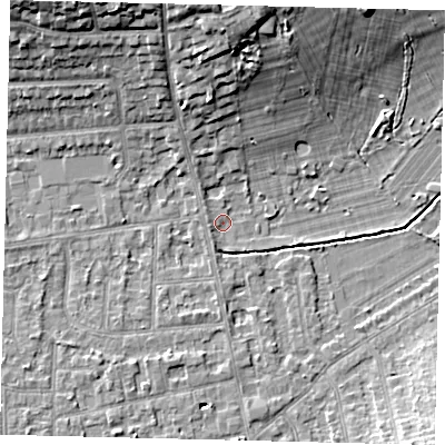 Shaded relief map of the ground around KT34RS, computed from Environment Agency LiDAR. The ground here sits at about 13 m above sea level and falls 14 m across the surrounding 800 m. Surface water reaching this point runs off ground lying to the north, 6.5 m higher.