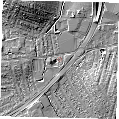 Shaded relief map of the ground around KT34RW, computed from Environment Agency LiDAR. The ground here sits at about 15 m above sea level and falls 14 m across the surrounding 800 m. Surface water reaching this point runs off ground lying to the east-south-east, 7.8 m higher.