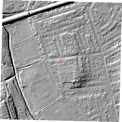 Shaded relief map of the ground around KT35BU, computed from Environment Agency LiDAR. The ground here sits at about 17 m above sea level and falls 10 m across the surrounding 800 m. Surface water reaching this point runs off ground lying to the east-south-east, 1.6 m higher.