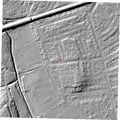 Shaded relief map of the ground around KT35BX, computed from Environment Agency LiDAR. The ground here sits at about 16 m above sea level and falls 10 m across the surrounding 800 m. Surface water reaching this point runs off ground lying to the east-south-east, 1.6 m higher.