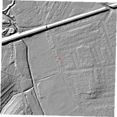 Shaded relief map of the ground around KT35BZ, computed from Environment Agency LiDAR. The ground here sits at about 15 m above sea level and falls 11 m across the surrounding 800 m. Surface water reaching this point runs off ground lying to the east-south-east, 2.5 m higher.