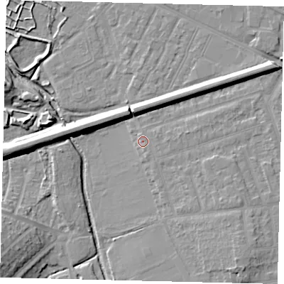 Shaded relief map of the ground around KT35DA, computed from Environment Agency LiDAR. The ground here sits at about 15 m above sea level and falls 13 m across the surrounding 800 m. Surface water reaching this point runs off ground lying to the south-east, 2.2 m higher.