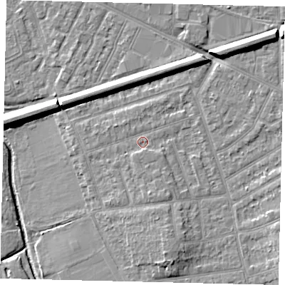 Shaded relief map of the ground around KT35DB, computed from Environment Agency LiDAR. The ground here sits at about 16 m above sea level and falls 9 m across the surrounding 800 m. Surface water reaching this point runs off ground lying to the south-south-east, 1.4 m higher.