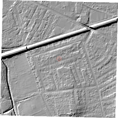 Shaded relief map of the ground around KT35DD, computed from Environment Agency LiDAR. The ground here sits at about 16 m above sea level and falls 9 m across the surrounding 800 m. Surface water reaching this point runs off ground lying to the south-south-east, 2.0 m higher.