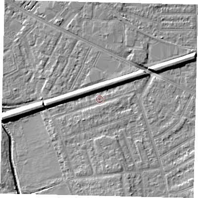 Shaded relief map of the ground around KT35DE, computed from Environment Agency LiDAR. The ground here sits at about 15 m above sea level and falls 9 m across the surrounding 800 m. Surface water reaching this point runs off ground lying to the north-east, 6.1 m higher.