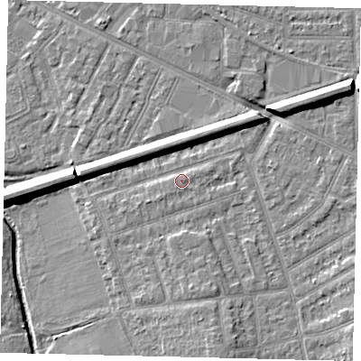Shaded relief map of the ground around KT35DF, computed from Environment Agency LiDAR. The ground here sits at about 16 m above sea level and falls 9 m across the surrounding 800 m. Surface water reaching this point runs off ground lying to the south-south-east, 2.1 m higher.