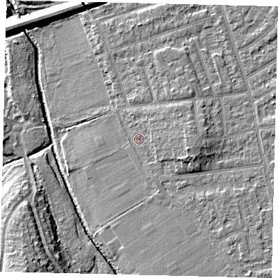 Shaded relief map of the ground around KT35EY, computed from Environment Agency LiDAR. The ground here sits at about 15 m above sea level and falls 13 m across the surrounding 800 m. Surface water reaching this point runs off ground lying to the east-south-east, 4.0 m higher.