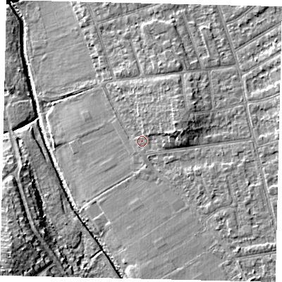 Shaded relief map of the ground around KT35EZ, computed from Environment Agency LiDAR. The ground here sits at about 15 m above sea level and falls 14 m across the surrounding 800 m. Surface water reaching this point runs off ground lying to the east-north-east, 3.4 m higher.