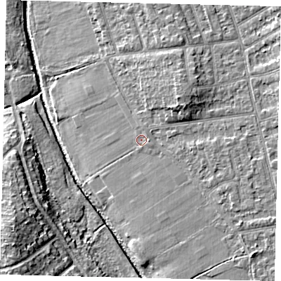 Shaded relief map of the ground around KT35HA, computed from Environment Agency LiDAR. The ground here sits at about 15 m above sea level and falls 14 m across the surrounding 800 m. Surface water reaching this point runs off ground lying to the south-east, 3.0 m higher.