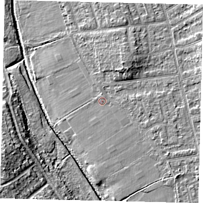 Shaded relief map of the ground around KT35HB, computed from Environment Agency LiDAR. The ground here sits at about 16 m above sea level and falls 14 m across the surrounding 800 m. Surface water reaching this point runs off ground lying to the south-east, 3.0 m higher.