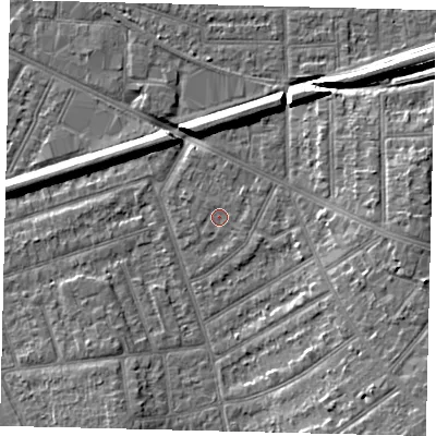 Shaded relief map of the ground around KT35HS, computed from Environment Agency LiDAR. The ground here sits at about 16 m above sea level and falls 9 m across the surrounding 800 m. Surface water reaching this point runs off ground lying to the south-east, 0.7 m higher.