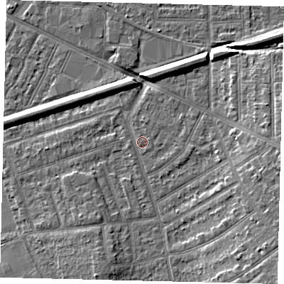 Shaded relief map of the ground around KT35HT, computed from Environment Agency LiDAR. The ground here sits at about 16 m above sea level and falls 9 m across the surrounding 800 m. Surface water reaching this point runs off ground lying to the south-east, 5.6 m higher.