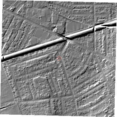 Shaded relief map of the ground around KT35HU, computed from Environment Agency LiDAR. The ground here sits at about 15 m above sea level and falls 8 m across the surrounding 800 m. Surface water reaching this point runs off ground lying to the south-east, 5.5 m higher.