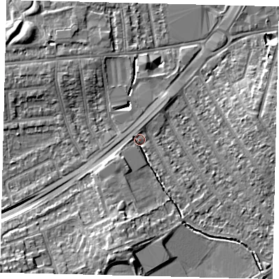 Shaded relief map of the ground around KT36EL, computed from Environment Agency LiDAR. The ground here sits at about 15 m above sea level and falls 11 m across the surrounding 800 m. Surface water reaching this point runs off ground lying to the south-south-west, 7.6 m higher.