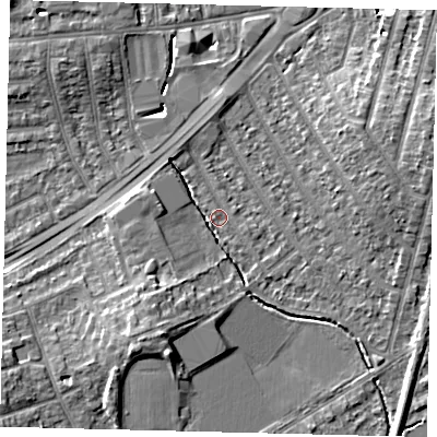 Shaded relief map of the ground around KT36EN, computed from Environment Agency LiDAR. The ground here sits at about 15 m above sea level and falls 10 m across the surrounding 800 m. Surface water reaching this point runs off ground lying to the south-south-west, 6.9 m higher.