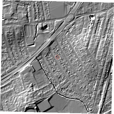 Shaded relief map of the ground around KT36EP, computed from Environment Agency LiDAR. The ground here sits at about 15 m above sea level and falls 10 m across the surrounding 800 m. Surface water reaching this point runs off ground lying to the south-south-west, 6.1 m higher.