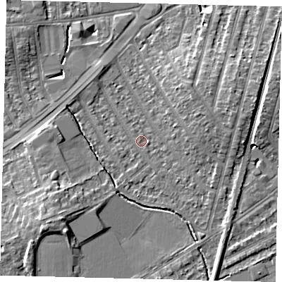 Shaded relief map of the ground around KT36ER, computed from Environment Agency LiDAR. The ground here sits at about 15 m above sea level and falls 10 m across the surrounding 800 m. Surface water reaching this point runs off ground lying to the south-west, 7.3 m higher.