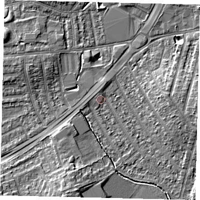 Shaded relief map of the ground around KT36ES, computed from Environment Agency LiDAR. The ground here sits at about 15 m above sea level and falls 9 m across the surrounding 800 m. Surface water reaching this point runs off ground lying to the south-south-west, 7.6 m higher.
