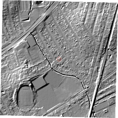 Shaded relief map of the ground around KT36ET, computed from Environment Agency LiDAR. The ground here sits at about 16 m above sea level and falls 9 m across the surrounding 800 m. Surface water reaching this point runs off ground lying to the south-west, 7.3 m higher.