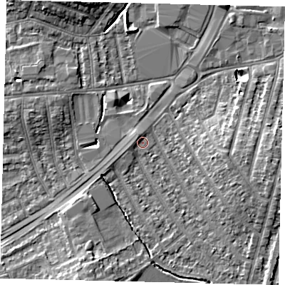 Shaded relief map of the ground around KT36EU, computed from Environment Agency LiDAR. The ground here sits at about 15 m above sea level and falls 8 m across the surrounding 800 m. Surface water reaching this point runs off ground lying to the north-west, 1.3 m higher.