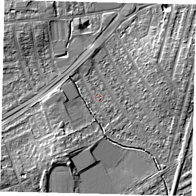 Shaded relief map of the ground around KT36EW, computed from Environment Agency LiDAR. The ground here sits at about 15 m above sea level and falls 10 m across the surrounding 800 m. Surface water reaching this point runs off ground lying to the south-south-east, 1.2 m higher.