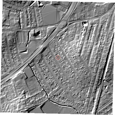 Shaded relief map of the ground around KT36EX, computed from Environment Agency LiDAR. The ground here sits at about 15 m above sea level and falls 9 m across the surrounding 800 m. Surface water reaching this point runs off ground lying to the south-east, 2.4 m higher.