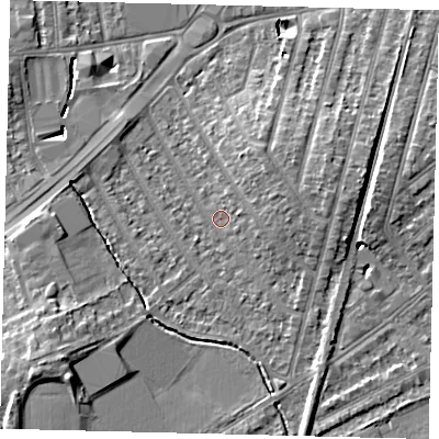 Shaded relief map of the ground around KT36EY, computed from Environment Agency LiDAR. The ground here sits at about 15 m above sea level and falls 10 m across the surrounding 800 m. Surface water reaching this point runs off ground lying to the east-south-east, 1.9 m higher.