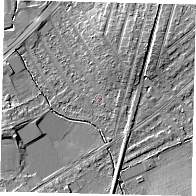 Shaded relief map of the ground around KT36EZ, computed from Environment Agency LiDAR. The ground here sits at about 16 m above sea level and falls 9 m across the surrounding 800 m. Surface water reaching this point runs off ground lying to the north-north-east, 1.4 m higher.