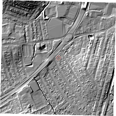 Shaded relief map of the ground around KT36HA, computed from Environment Agency LiDAR. The ground here sits at about 15 m above sea level and falls 10 m across the surrounding 800 m. Surface water reaching this point runs off ground lying to the south-south-west, 5.8 m higher.