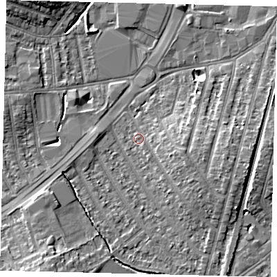 Shaded relief map of the ground around KT36HB, computed from Environment Agency LiDAR. The ground here sits at about 15 m above sea level and falls 8 m across the surrounding 800 m. Surface water reaching this point runs off ground lying to the east-south-east, 3.6 m higher.