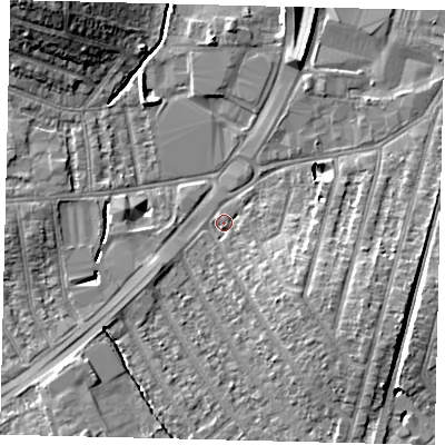 Shaded relief map of the ground around KT36HF, computed from Environment Agency LiDAR. The ground here sits at about 15 m above sea level and falls 13 m across the surrounding 800 m. Surface water reaching this point runs off ground lying to the south-east, 5.1 m higher.