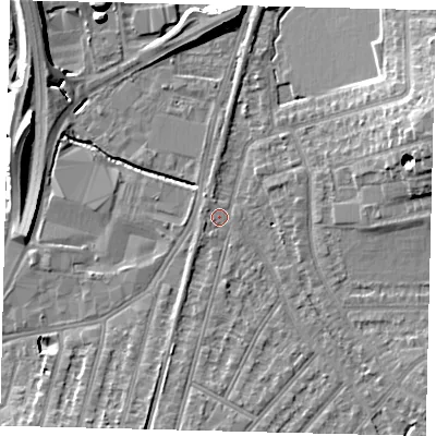 Shaded relief map of the ground around KT36HP, computed from Environment Agency LiDAR. The ground here sits at about 15 m above sea level and falls 12 m across the surrounding 800 m. Surface water reaching this point runs off ground lying to the west-south-west, 0.8 m higher.