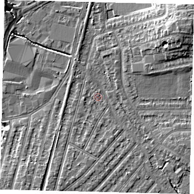 Shaded relief map of the ground around KT36HR, computed from Environment Agency LiDAR. The ground here sits at about 15 m above sea level and falls 12 m across the surrounding 800 m. Surface water reaching this point runs off ground lying to the south-south-west, 3.5 m higher.