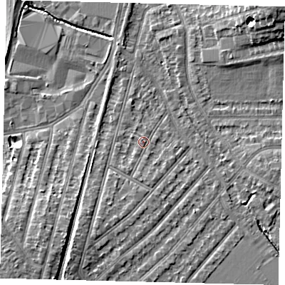 Shaded relief map of the ground around KT36HS, computed from Environment Agency LiDAR. The ground here sits at about 16 m above sea level and falls 11 m across the surrounding 800 m. Surface water reaching this point runs off ground lying to the south, 1.7 m higher.