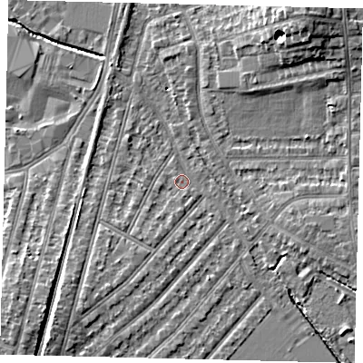 Shaded relief map of the ground around KT36HY, computed from Environment Agency LiDAR. The ground here sits at about 16 m above sea level and falls 11 m across the surrounding 800 m. Surface water reaching this point runs off ground lying to the south-south-west, 2.6 m higher.
