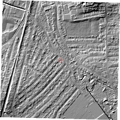 Shaded relief map of the ground around KT36HZ, computed from Environment Agency LiDAR. The ground here sits at about 16 m above sea level and falls 10 m across the surrounding 800 m. Surface water reaching this point runs off ground lying to the south-west, 2.1 m higher.