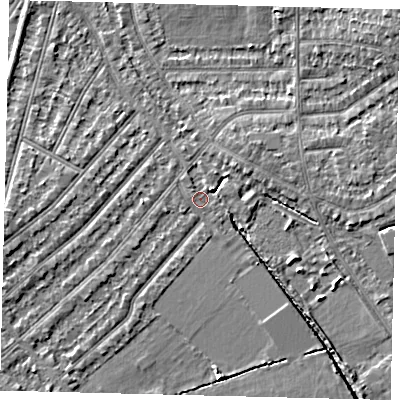 Shaded relief map of the ground around KT36JA, computed from Environment Agency LiDAR. The ground here sits at about 16 m above sea level and falls 8 m across the surrounding 800 m. Surface water reaching this point runs off ground lying to the south-west, 1.7 m higher.