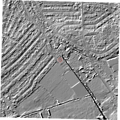 Shaded relief map of the ground around KT36JB, computed from Environment Agency LiDAR. The ground here sits at about 16 m above sea level and falls 8 m across the surrounding 800 m. Surface water reaching this point runs off ground lying to the west-south-west, 1.8 m higher.