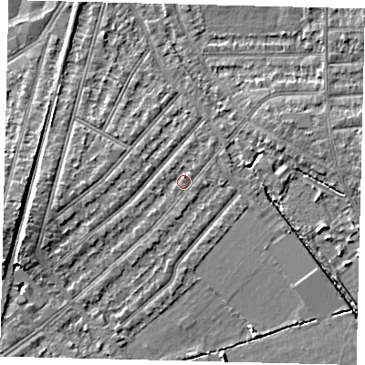 Shaded relief map of the ground around KT36JD, computed from Environment Agency LiDAR. The ground here sits at about 17 m above sea level and falls 6 m across the surrounding 800 m. Surface water reaching this point runs off ground lying to the south-west, 1.4 m higher.