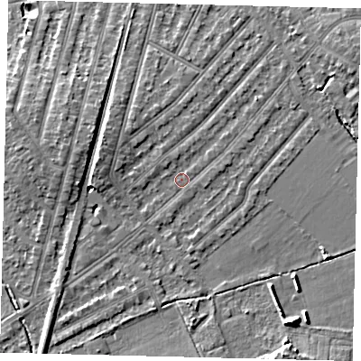 Shaded relief map of the ground around KT36JE, computed from Environment Agency LiDAR. The ground here sits at about 17 m above sea level and falls 9 m across the surrounding 800 m. Surface water reaching this point runs off ground lying to the east-north-east, 1.0 m higher.