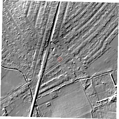 Shaded relief map of the ground around KT36JF, computed from Environment Agency LiDAR. The ground here sits at about 16 m above sea level and falls 8 m across the surrounding 800 m. Surface water reaching this point runs off ground lying to the north, 5.4 m higher.