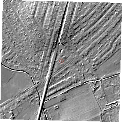Shaded relief map of the ground around KT36JJ, computed from Environment Agency LiDAR. The ground here sits at about 17 m above sea level and falls 6 m across the surrounding 800 m. Surface water reaching this point runs off ground lying to the south-south-west, 1.7 m higher.
