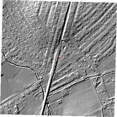 Shaded relief map of the ground around KT36JL, computed from Environment Agency LiDAR. The ground here sits at about 16 m above sea level and falls 7 m across the surrounding 800 m. Surface water reaching this point runs off ground lying to the south-south-west, 1.7 m higher.