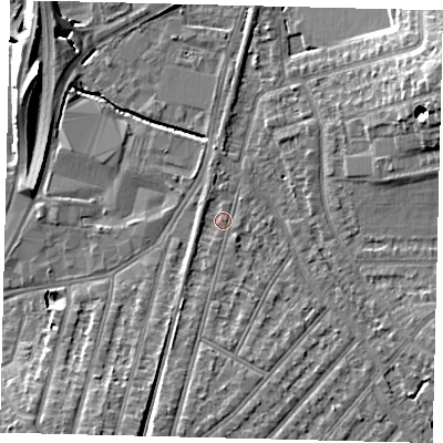 Shaded relief map of the ground around KT36JP, computed from Environment Agency LiDAR. The ground here sits at about 15 m above sea level and falls 12 m across the surrounding 800 m. Surface water reaching this point runs off ground lying to the south-south-west, 4.2 m higher.